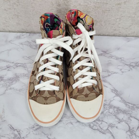 Coach Women's High Top Sneakers Brown Logo Canvas and Pink Embroidery - Picture 6 of 16